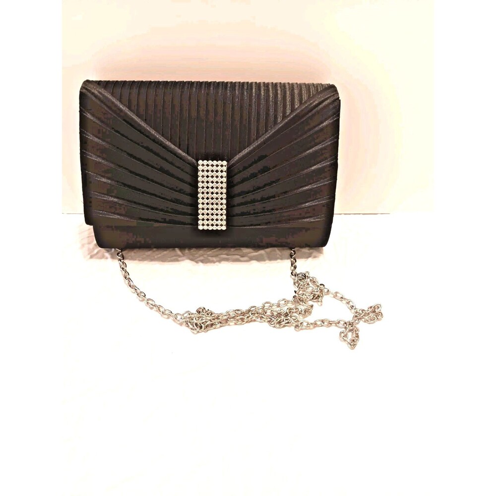 Jessica McClintock Black Pleated Satin Rhinestone Evening Clutch Chain Purse